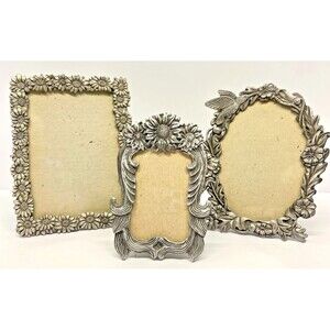 Set of 3 Pewter Tone Floral Picture Frames–SUN & Oval Hummingbird-Cottage decor